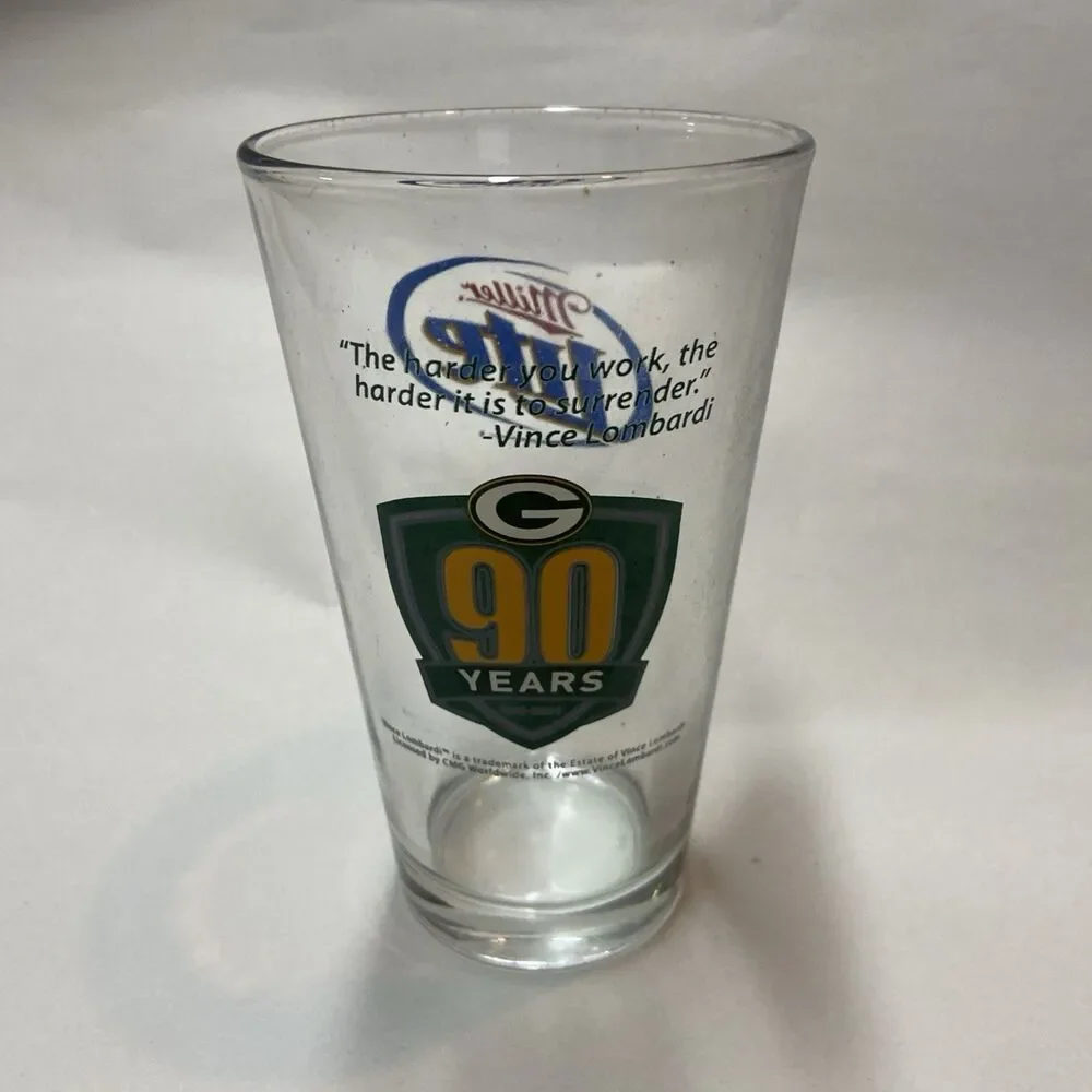 Miller Lite Green Bay Packers Clear Pint Beer Bar Glass 16 oz Standard
